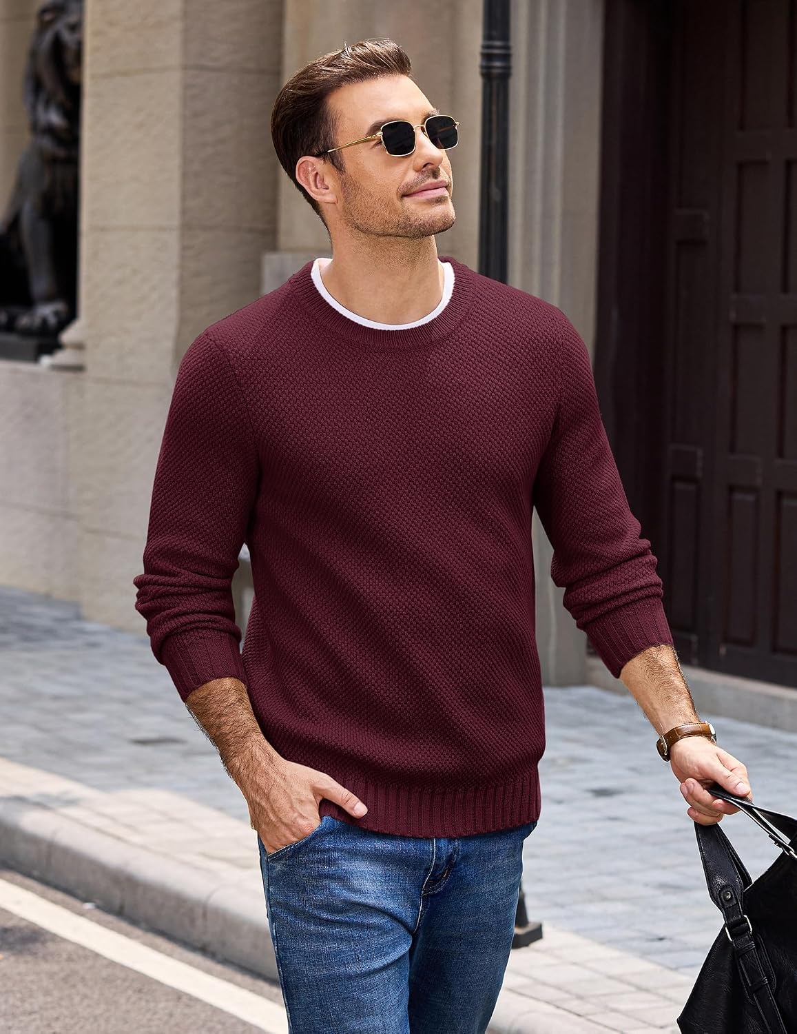 image:imageCOOFANDY Mens Casual Crewneck Sweater Long Sleeve Waffle Knit PulloverDark Red