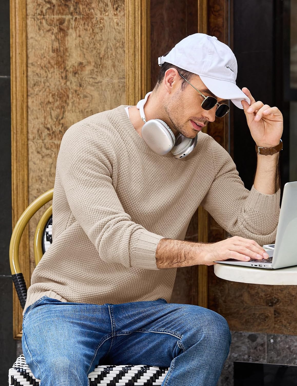 image:imageCOOFANDY Mens Casual Crewneck Sweater Long Sleeve Waffle Knit PulloverKhaki