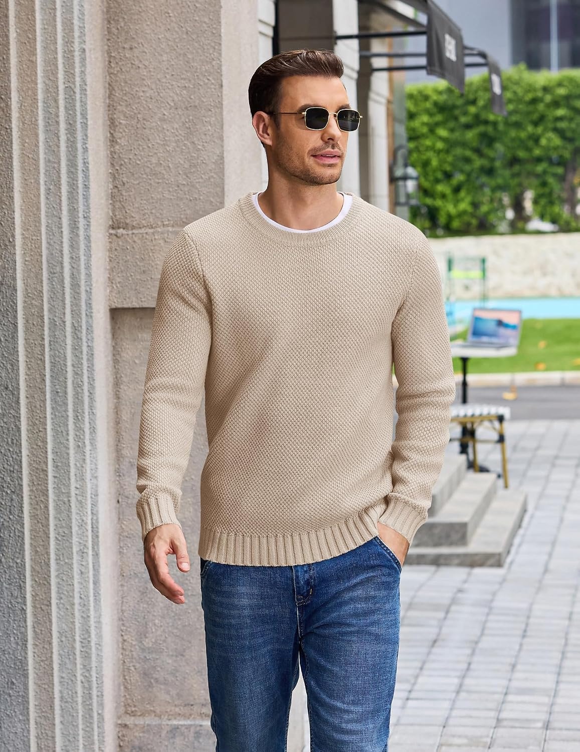 image:imageCOOFANDY Mens Casual Crewneck Sweater Long Sleeve Waffle Knit PulloverKhaki