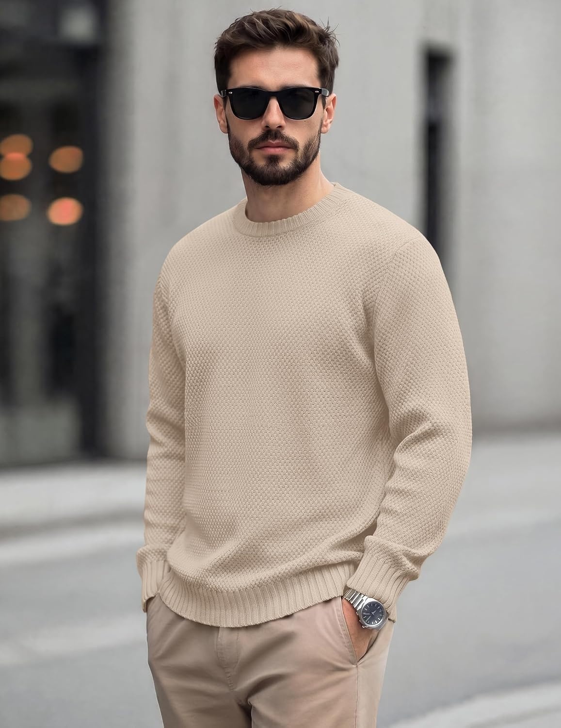 image:imageCOOFANDY Mens Casual Crewneck Sweater Long Sleeve Waffle Knit PulloverKhaki