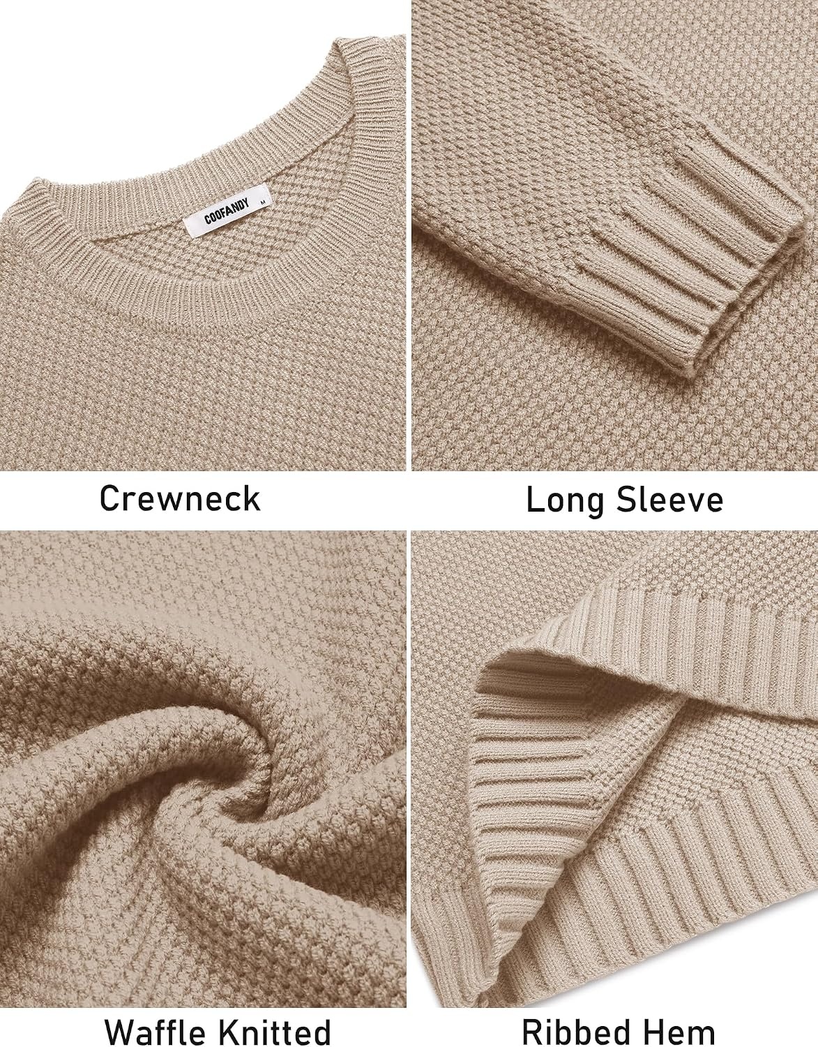 image:imageCOOFANDY Mens Casual Crewneck Sweater Long Sleeve Waffle Knit PulloverKhaki