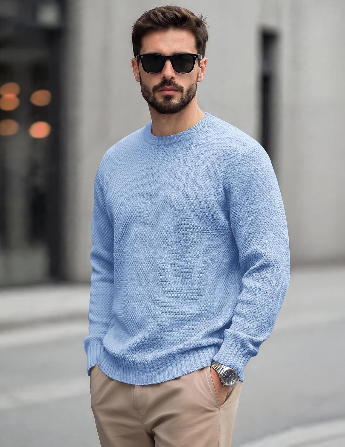 image:imageCOOFANDY Mens Casual Crewneck Sweater Long Sleeve Waffle Knit PulloverLight Blue
