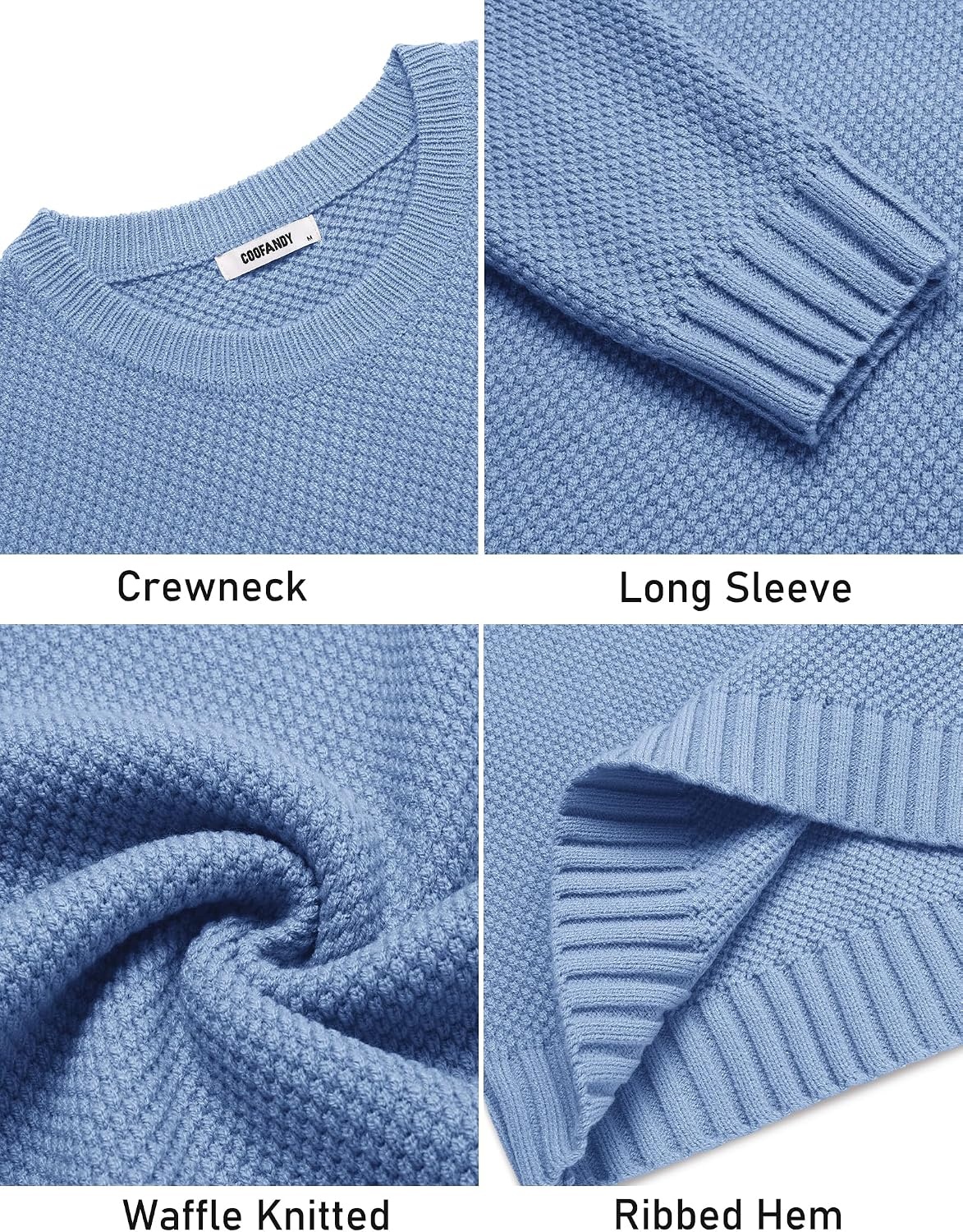 image:imageCOOFANDY Mens Casual Crewneck Sweater Long Sleeve Waffle Knit PulloverLight Blue