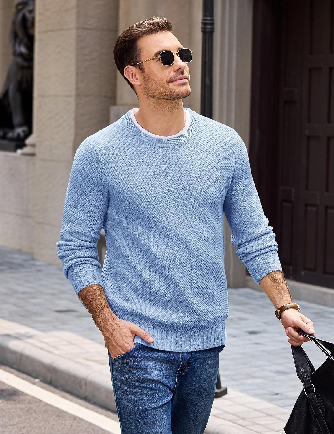 image:imageCOOFANDY Mens Casual Crewneck Sweater Long Sleeve Waffle Knit PulloverLight Blue