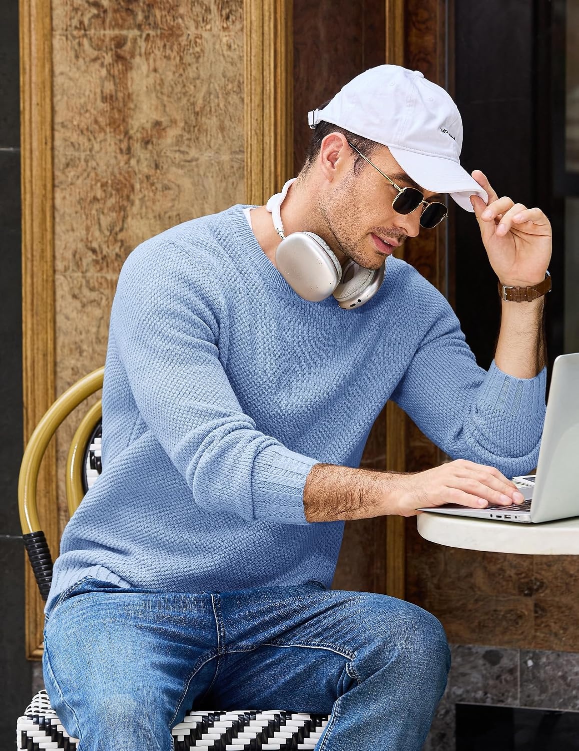image:imageCOOFANDY Mens Casual Crewneck Sweater Long Sleeve Waffle Knit PulloverLight Blue