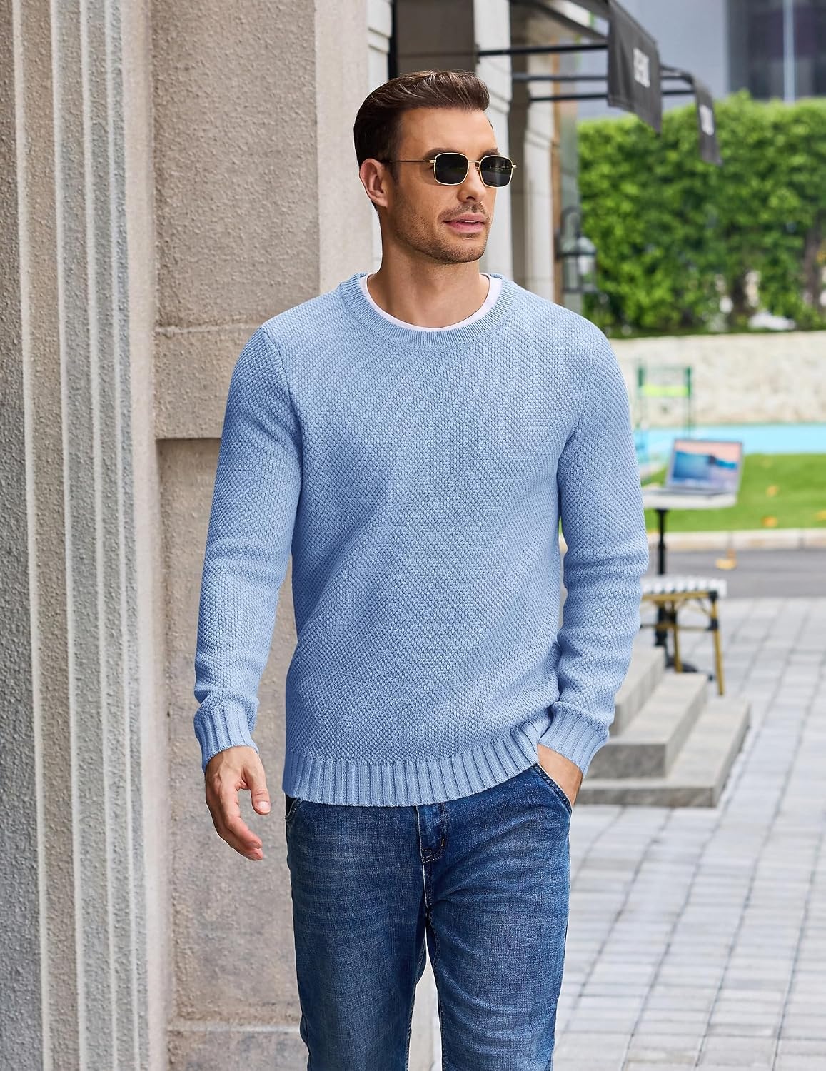 image:imageCOOFANDY Mens Casual Crewneck Sweater Long Sleeve Waffle Knit PulloverLight Blue