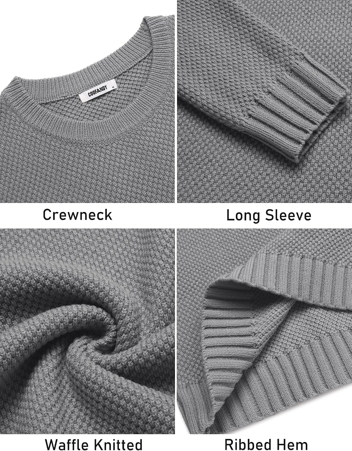 image:imageCOOFANDY Mens Casual Crewneck Sweater Long Sleeve Waffle Knit PulloverLight Grey