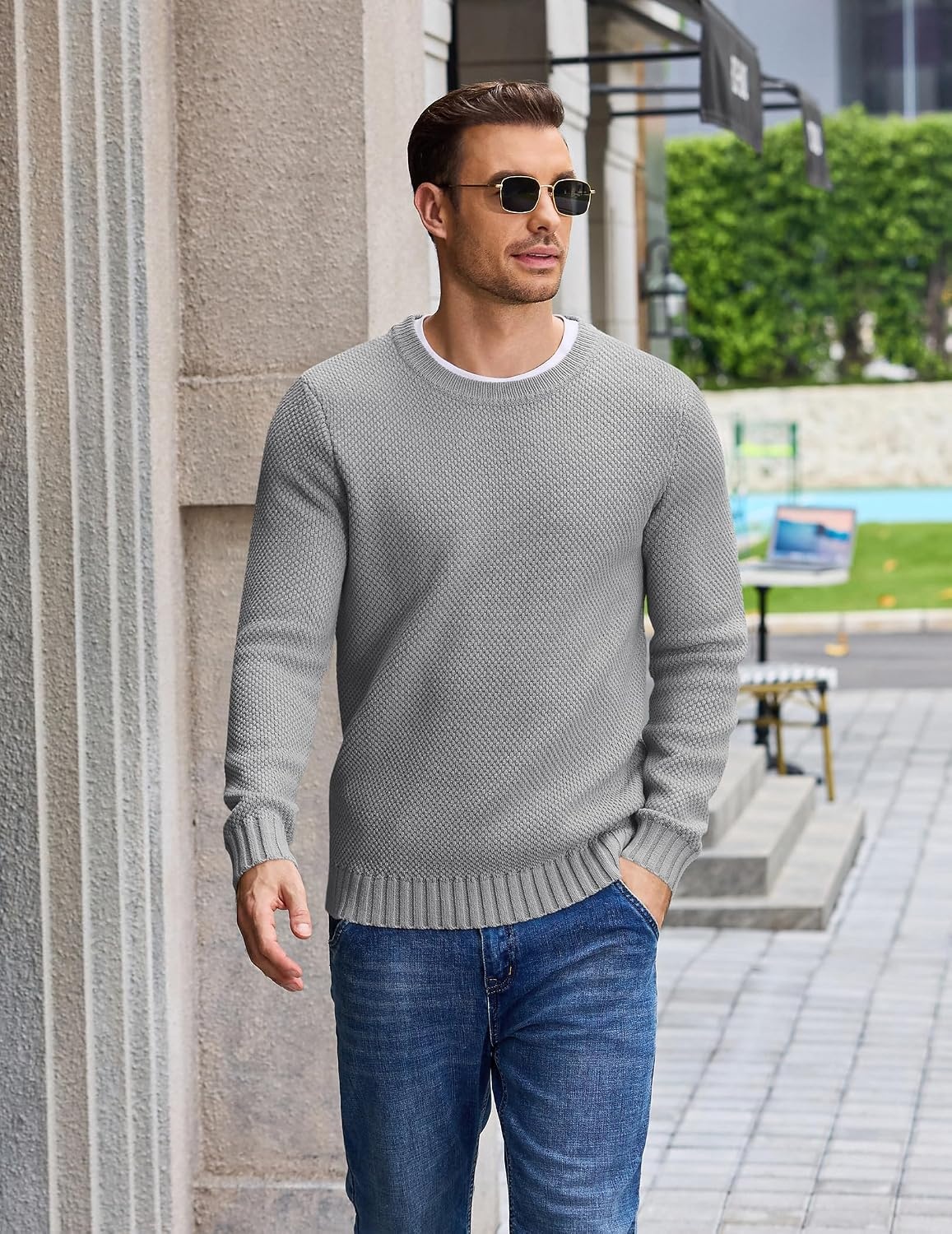 image:imageCOOFANDY Mens Casual Crewneck Sweater Long Sleeve Waffle Knit PulloverLight Grey