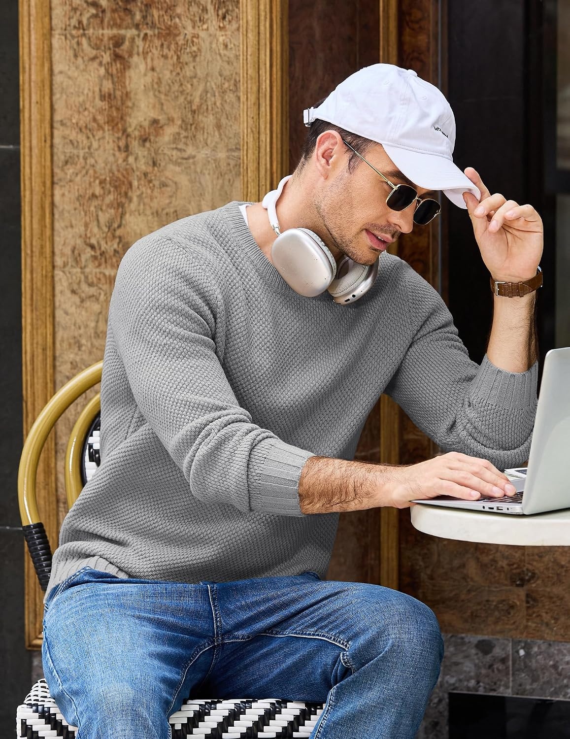 image:imageCOOFANDY Mens Casual Crewneck Sweater Long Sleeve Waffle Knit PulloverLight Grey