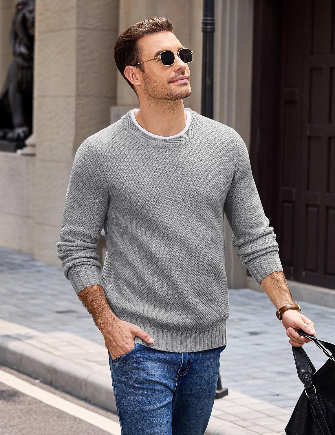 image:imageCOOFANDY Mens Casual Crewneck Sweater Long Sleeve Waffle Knit PulloverLight Grey