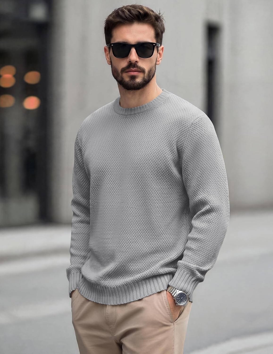 image:imageCOOFANDY Mens Casual Crewneck Sweater Long Sleeve Waffle Knit PulloverLight Grey