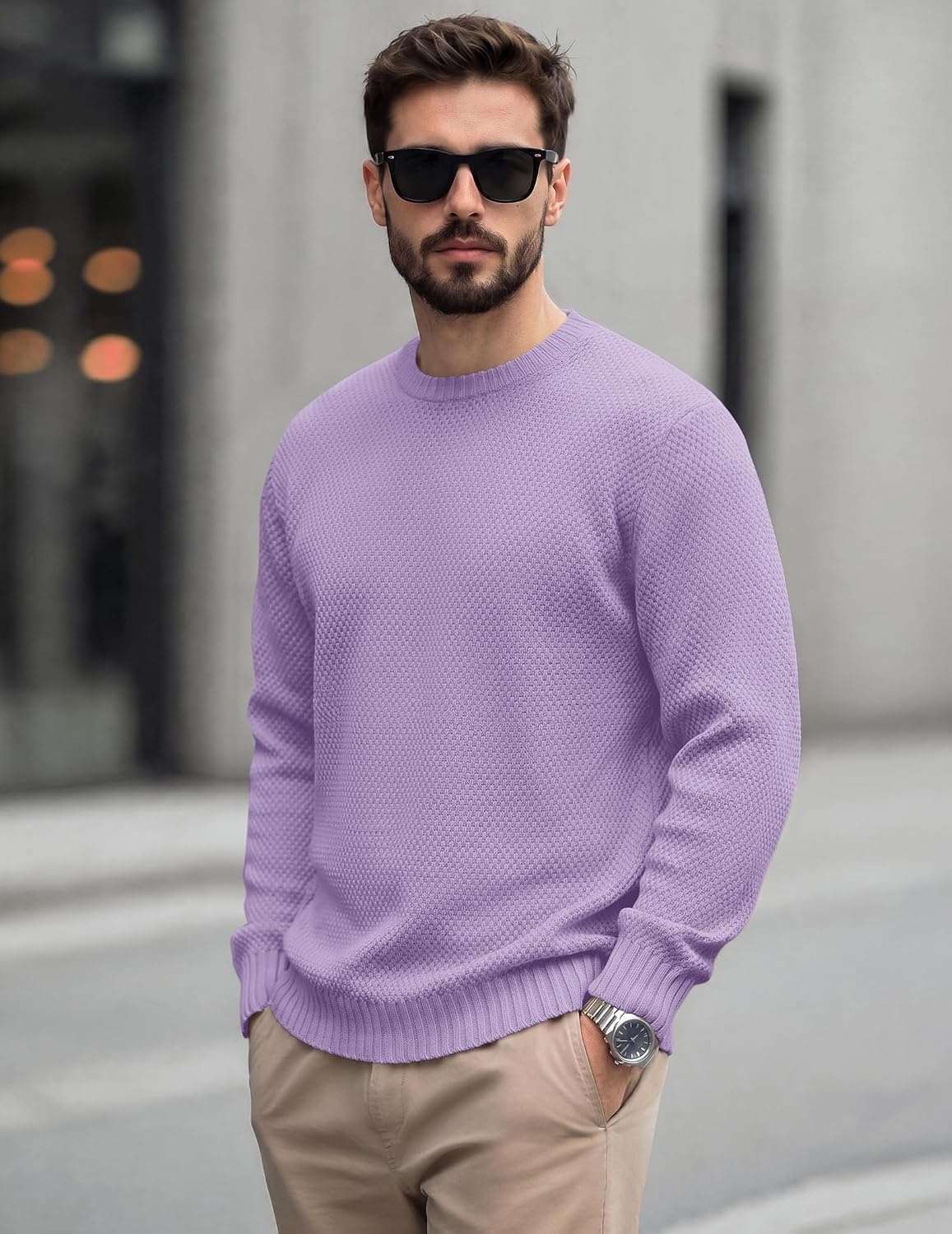 image:imageCOOFANDY Mens Casual Crewneck Sweater Long Sleeve Waffle Knit PulloverLight Purple
