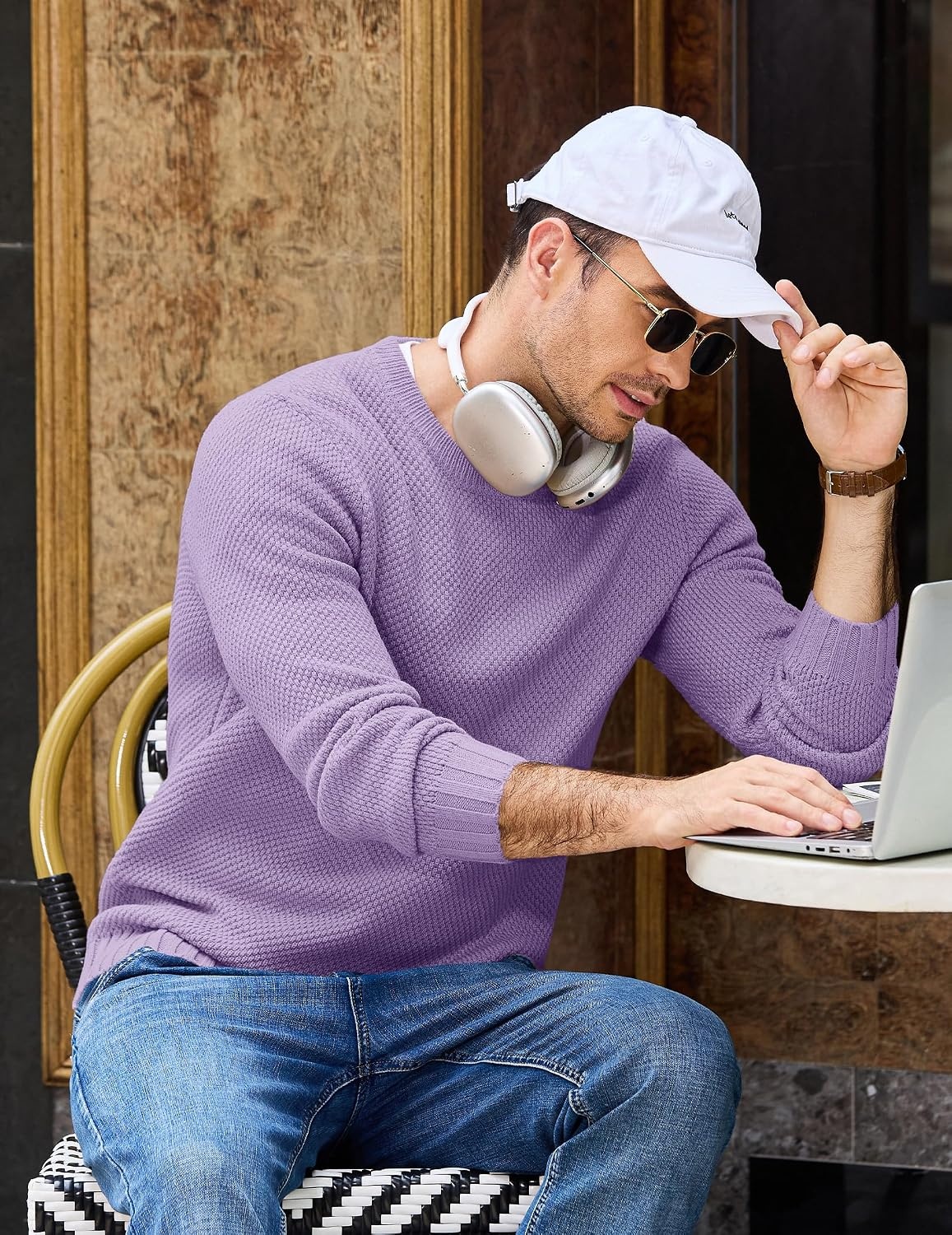 image:imageCOOFANDY Mens Casual Crewneck Sweater Long Sleeve Waffle Knit PulloverLight Purple