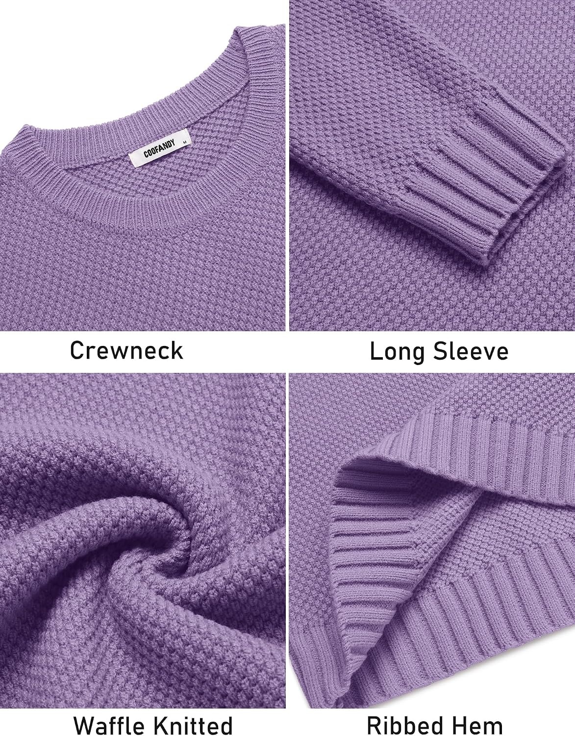 image:imageCOOFANDY Mens Casual Crewneck Sweater Long Sleeve Waffle Knit PulloverLight Purple
