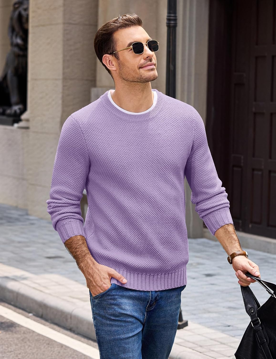 image:imageCOOFANDY Mens Casual Crewneck Sweater Long Sleeve Waffle Knit PulloverLight Purple