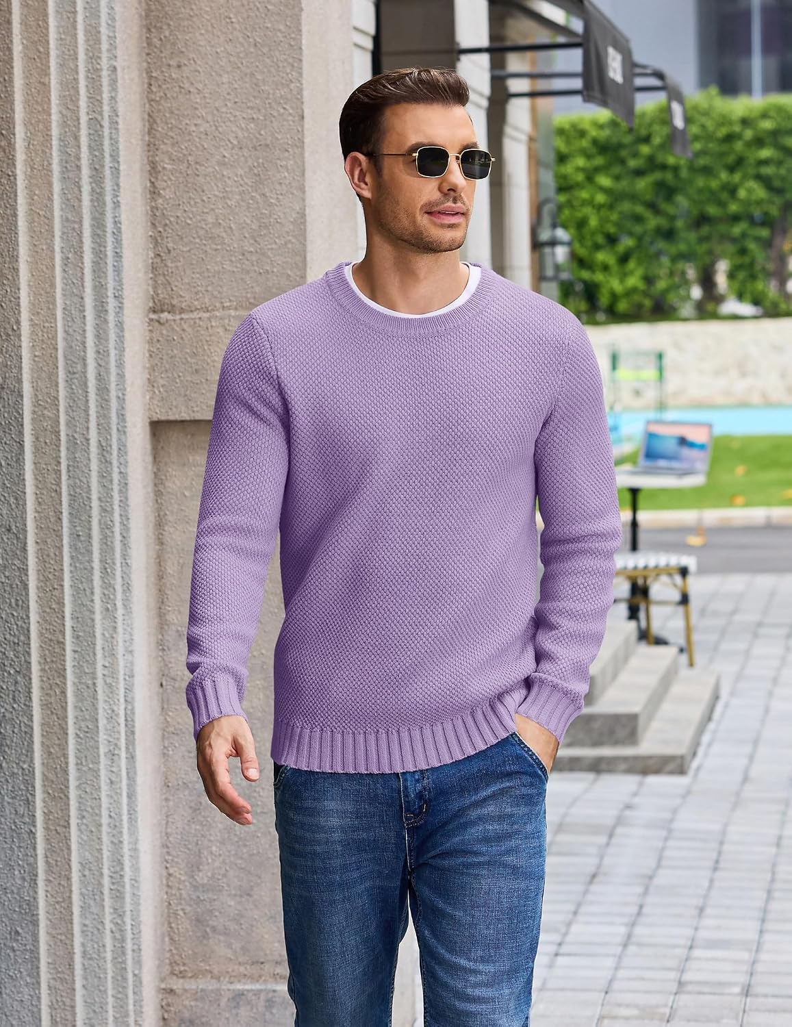 image:imageCOOFANDY Mens Casual Crewneck Sweater Long Sleeve Waffle Knit PulloverLight Purple