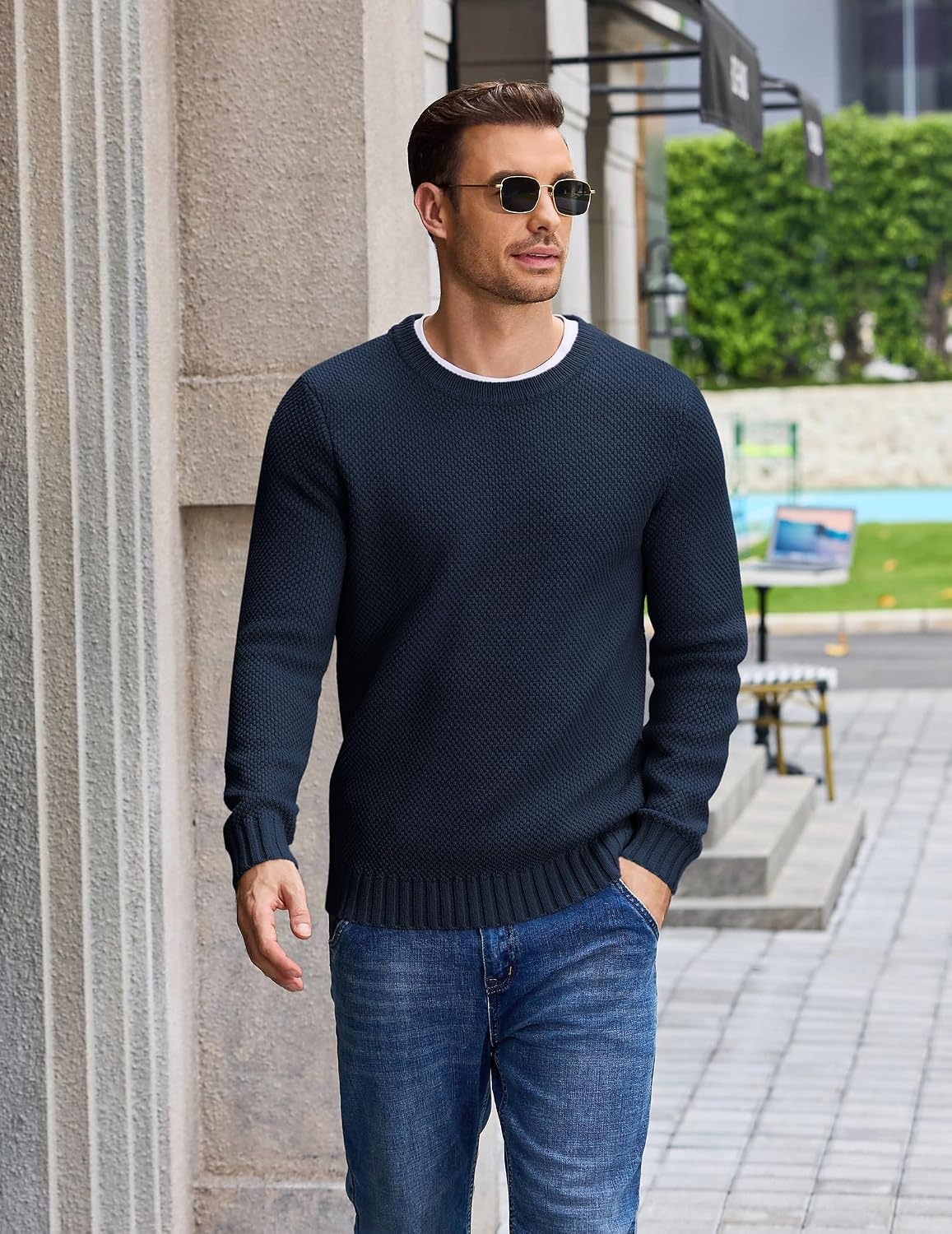 image:imageCOOFANDY Mens Casual Crewneck Sweater Long Sleeve Waffle Knit PulloverMidnight Blue