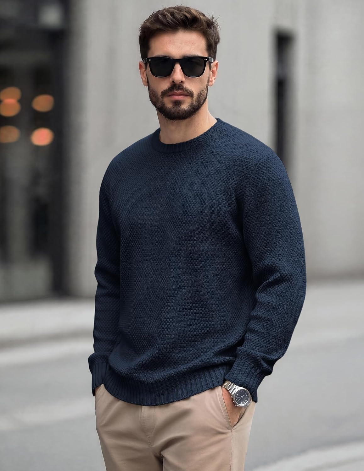image:imageCOOFANDY Mens Casual Crewneck Sweater Long Sleeve Waffle Knit PulloverMidnight Blue