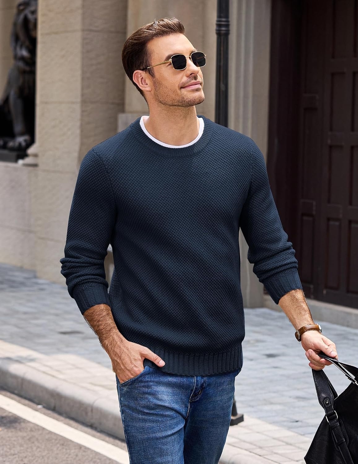 image:imageCOOFANDY Mens Casual Crewneck Sweater Long Sleeve Waffle Knit PulloverMidnight Blue
