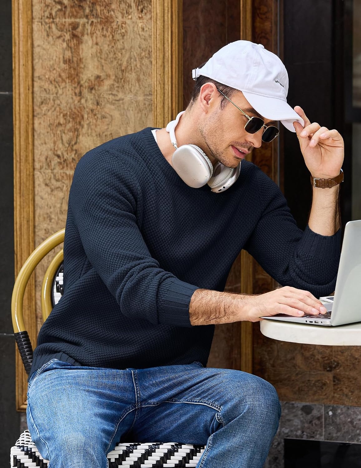 image:imageCOOFANDY Mens Casual Crewneck Sweater Long Sleeve Waffle Knit PulloverMidnight Blue