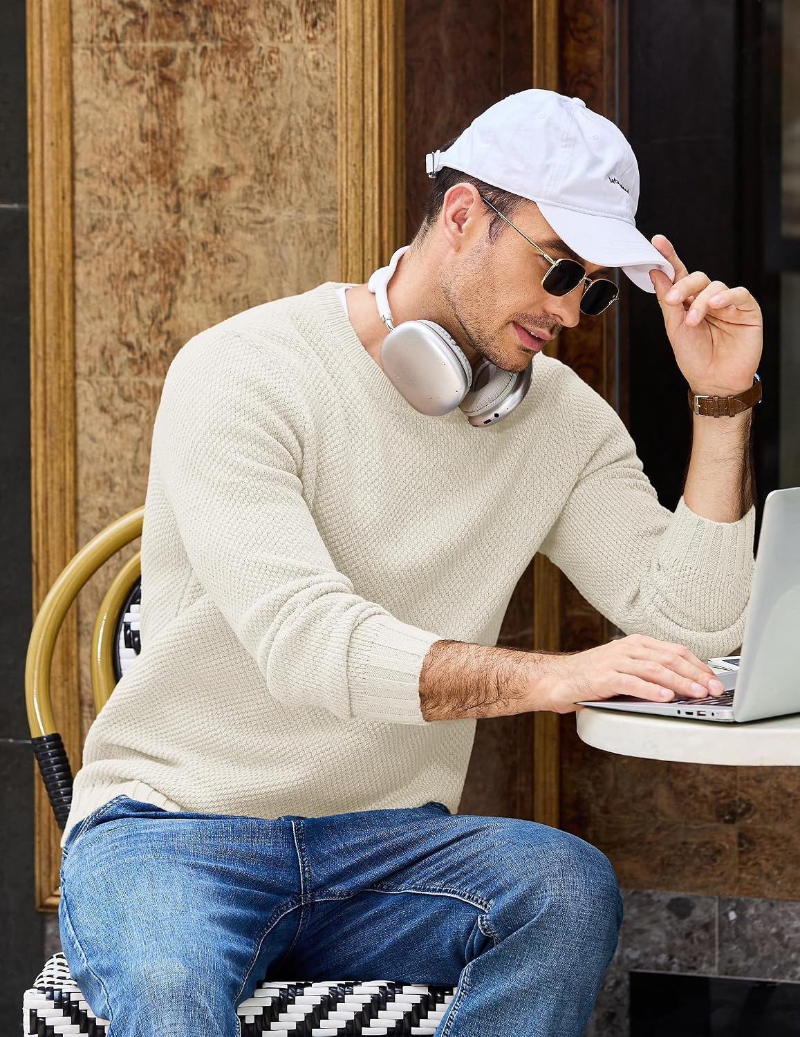 image:imageCOOFANDY Mens Casual Crewneck Sweater Long Sleeve Waffle Knit PulloverWhite