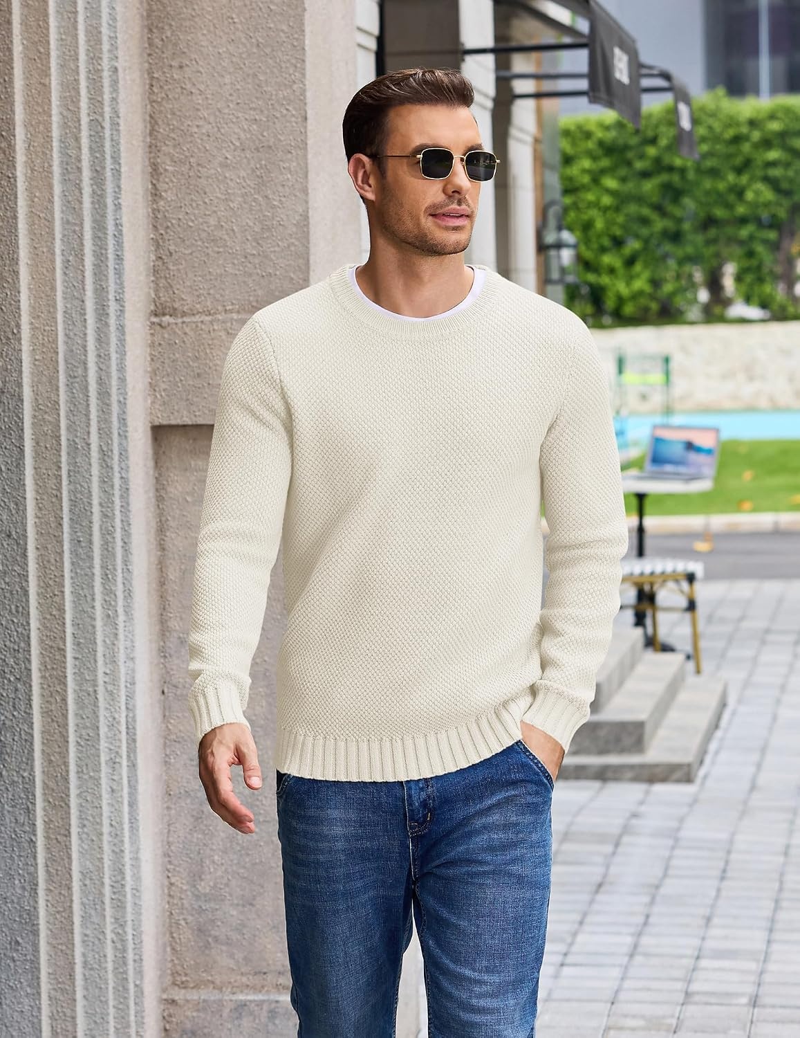 image:imageCOOFANDY Mens Casual Crewneck Sweater Long Sleeve Waffle Knit PulloverWhite