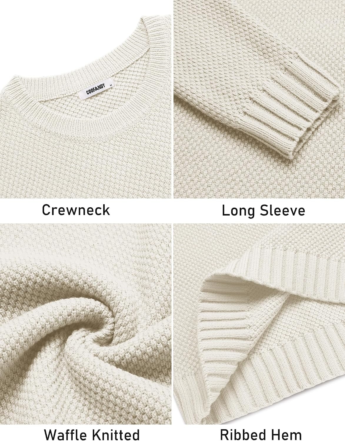 image:imageCOOFANDY Mens Casual Crewneck Sweater Long Sleeve Waffle Knit PulloverWhite