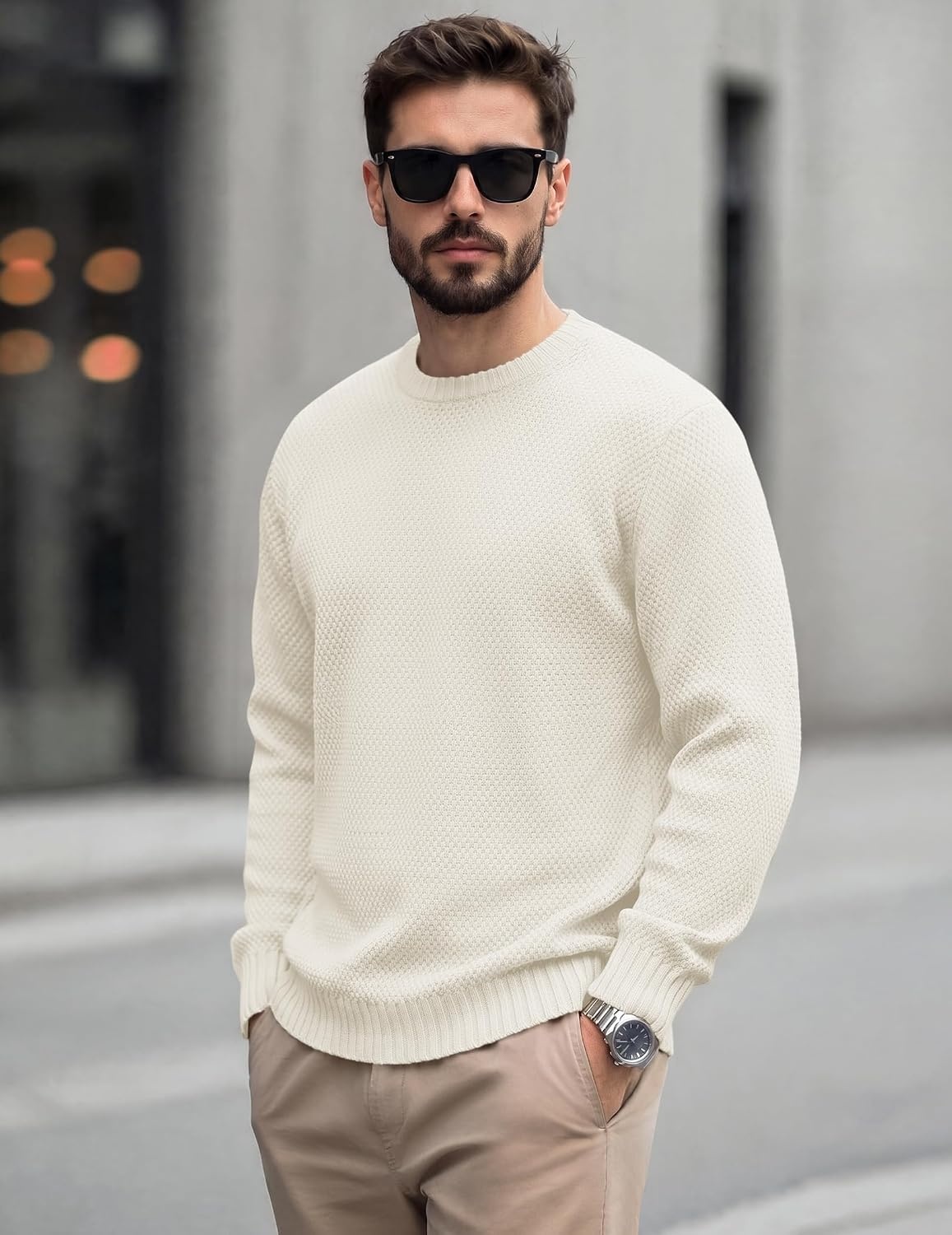 image:imageCOOFANDY Mens Casual Crewneck Sweater Long Sleeve Waffle Knit PulloverWhite