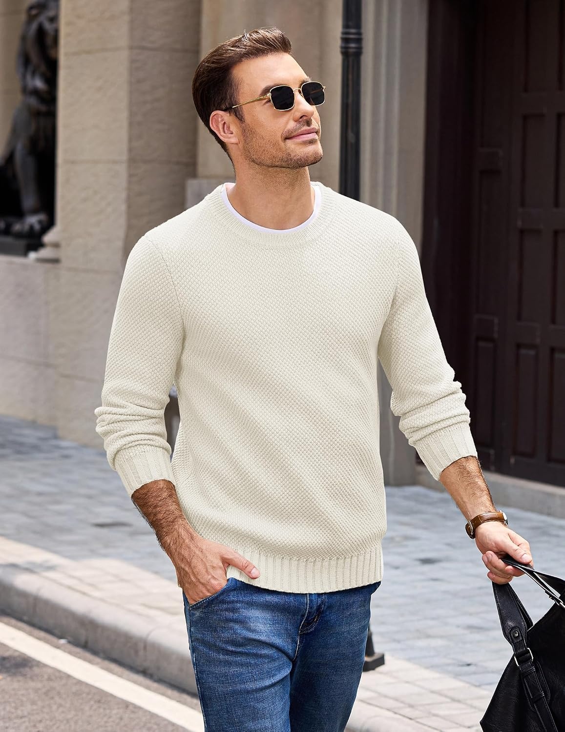 image:imageCOOFANDY Mens Casual Crewneck Sweater Long Sleeve Waffle Knit PulloverWhite