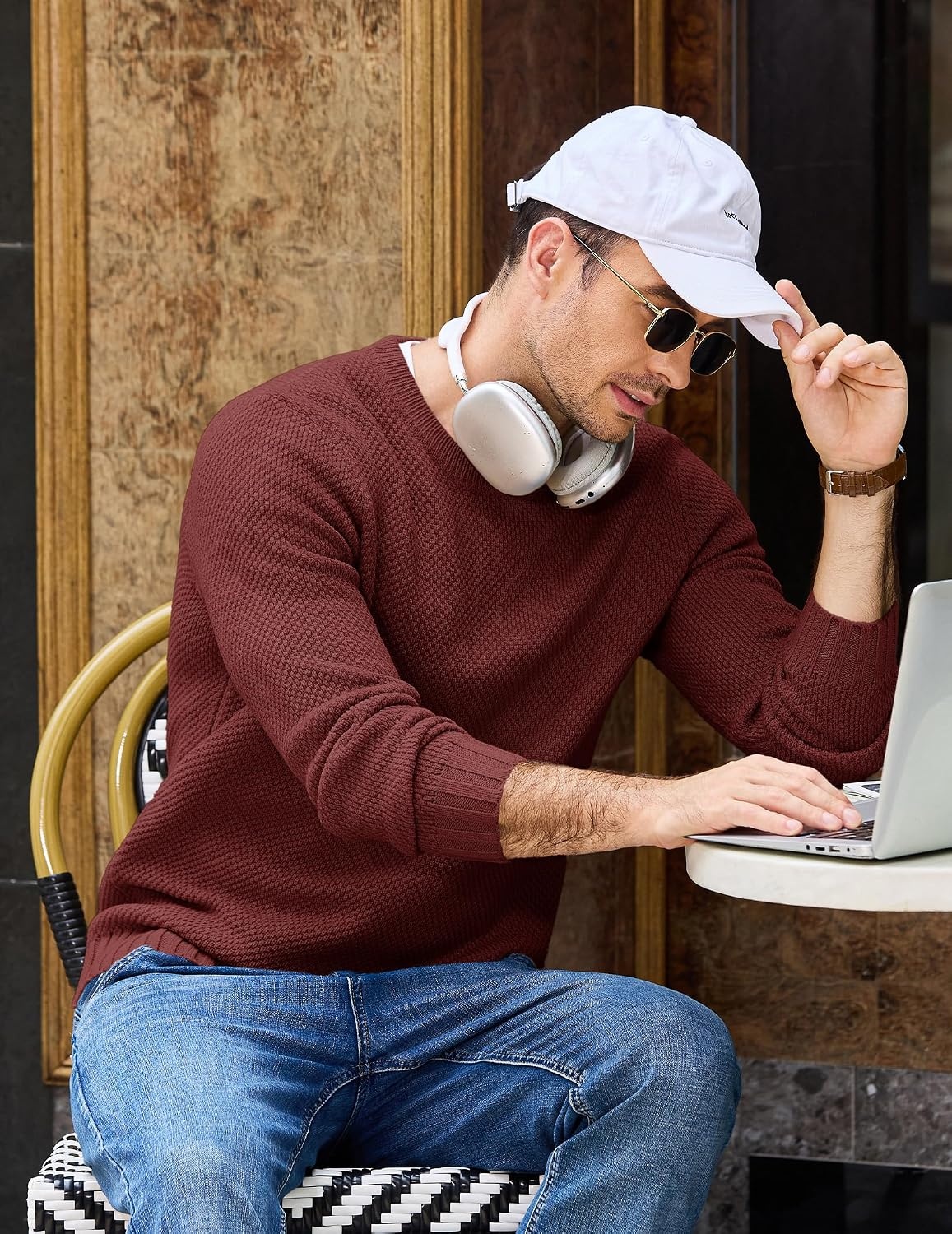 image:imageCOOFANDY Mens Casual Crewneck Sweater Long Sleeve Waffle Knit PulloverWine Red