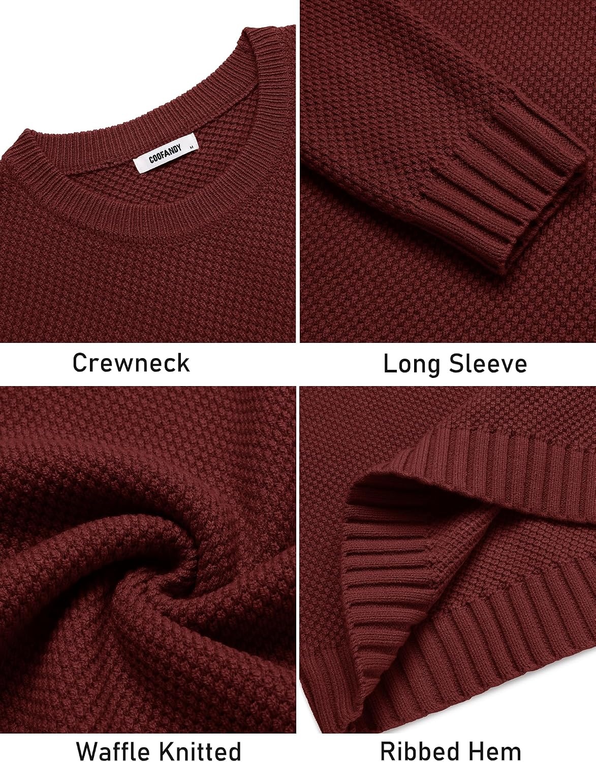 image:imageCOOFANDY Mens Casual Crewneck Sweater Long Sleeve Waffle Knit PulloverWine Red