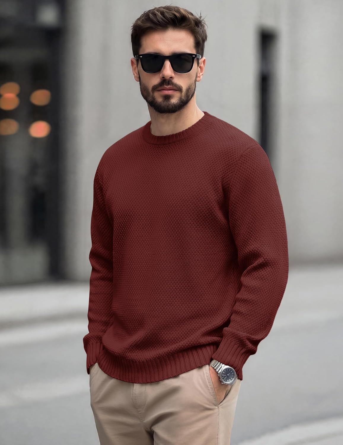 image:imageCOOFANDY Mens Casual Crewneck Sweater Long Sleeve Waffle Knit PulloverWine Red
