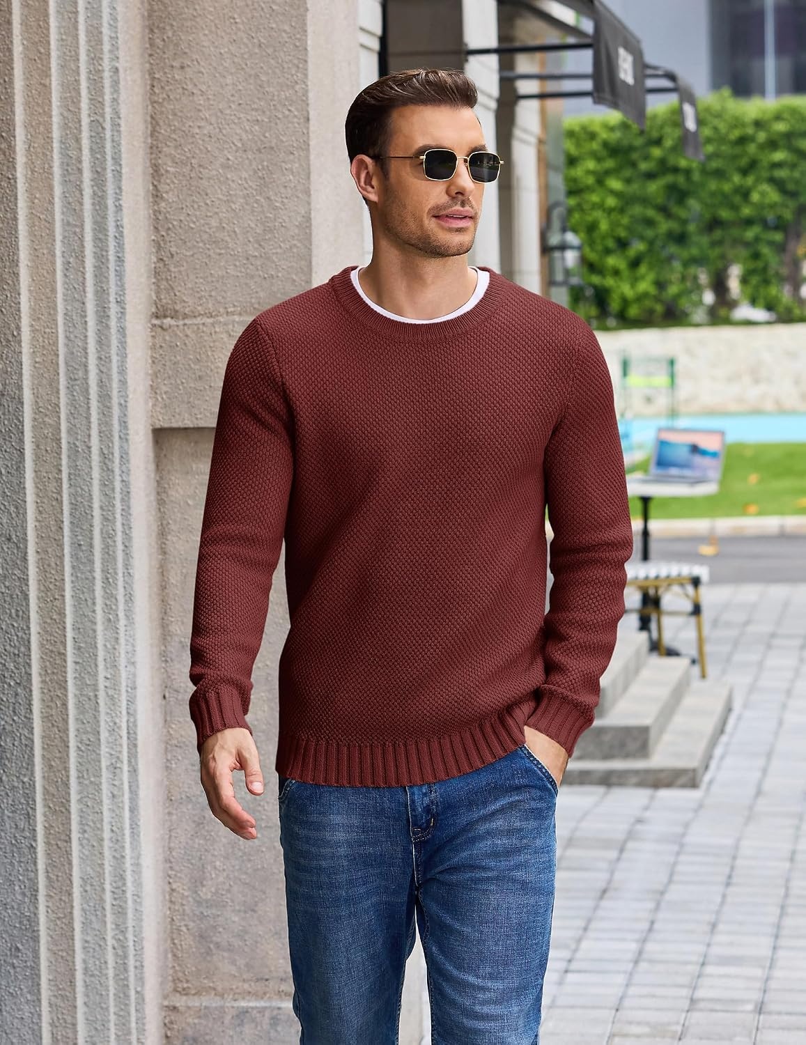 image:imageCOOFANDY Mens Casual Crewneck Sweater Long Sleeve Waffle Knit PulloverWine Red