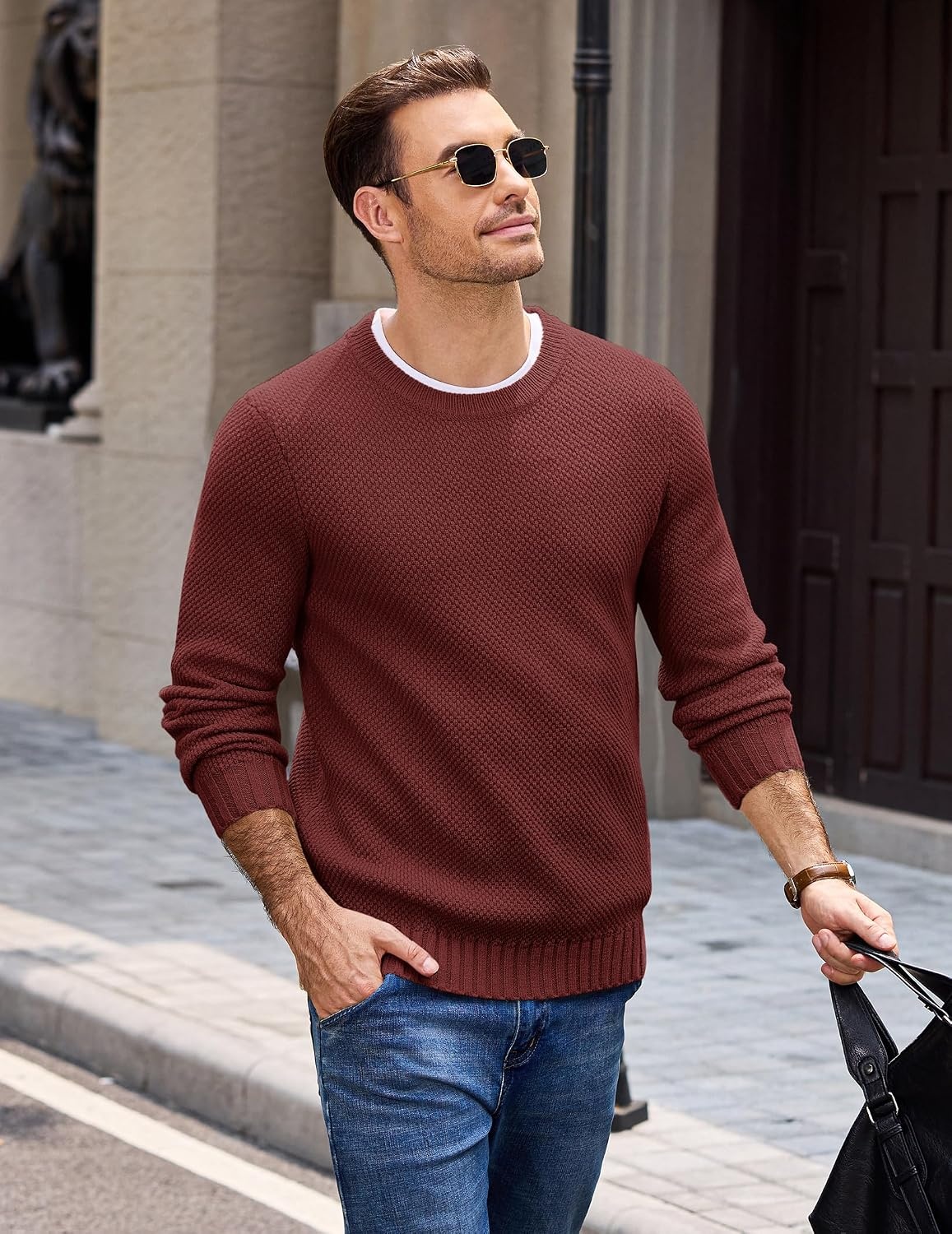 image:imageCOOFANDY Mens Casual Crewneck Sweater Long Sleeve Waffle Knit PulloverWine Red