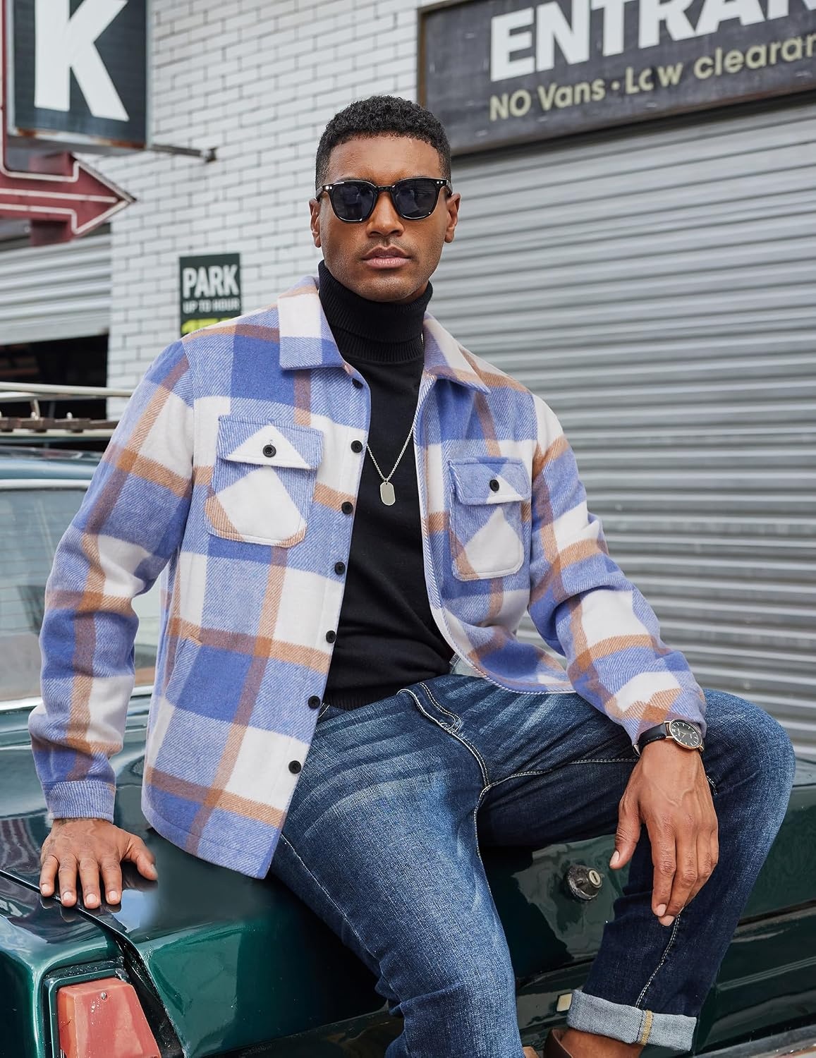 image:imageCOOFANDY Mens Flannel Jacket Fleece Shacket Plaid Shirt Button Down JacketsBlue Block