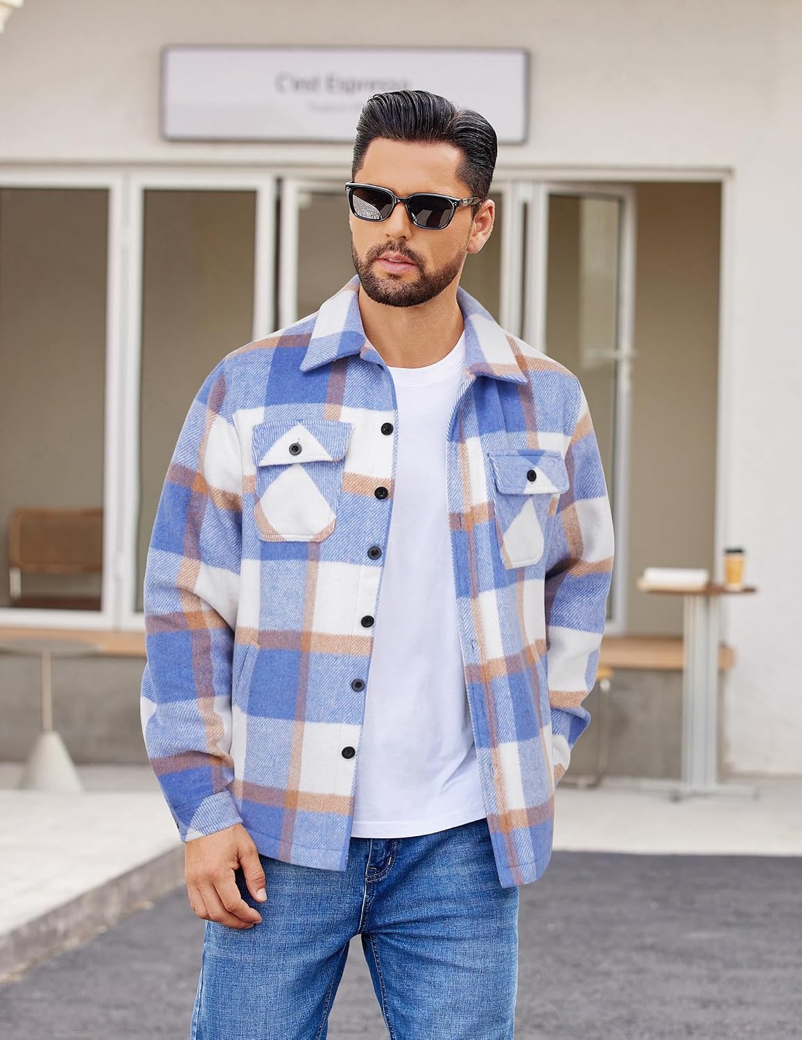 image:imageCOOFANDY Mens Flannel Jacket Fleece Shacket Plaid Shirt Button Down JacketsBlue Block