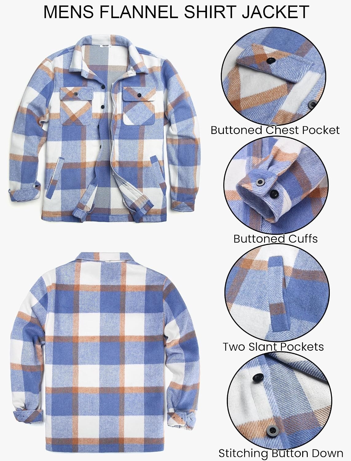 image:imageCOOFANDY Mens Flannel Jacket Fleece Shacket Plaid Shirt Button Down JacketsBlue Block