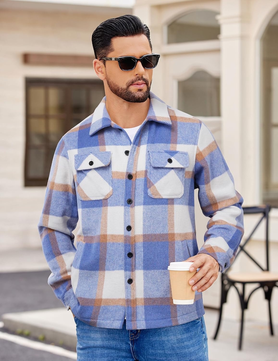 image:imageCOOFANDY Mens Flannel Jacket Fleece Shacket Plaid Shirt Button Down JacketsBlue Block
