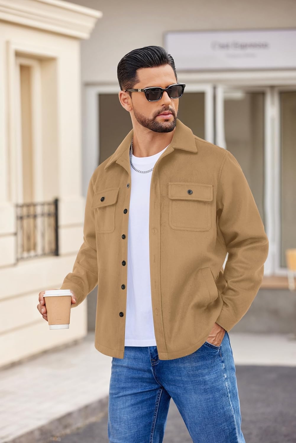 image:imageCOOFANDY Mens Flannel Jacket Fleece Shacket Plaid Shirt Button Down JacketsKhaki