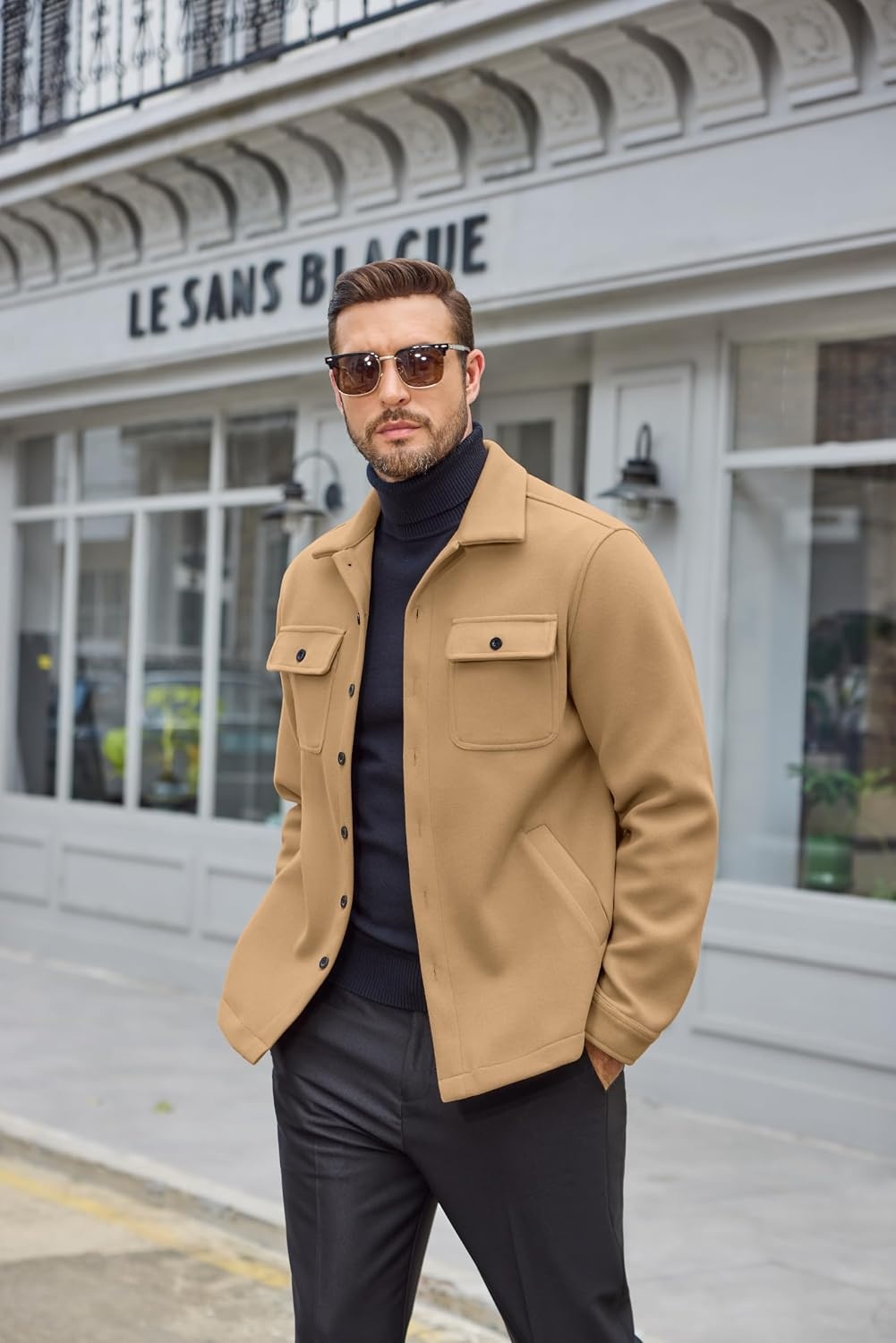 image:imageCOOFANDY Mens Flannel Jacket Fleece Shacket Plaid Shirt Button Down JacketsKhaki