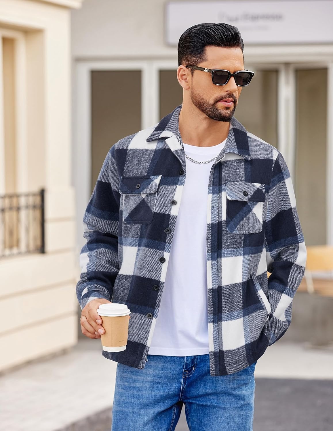image:imageCOOFANDY Mens Flannel Jacket Fleece Shacket Plaid Shirt Button Down JacketsNavy Block