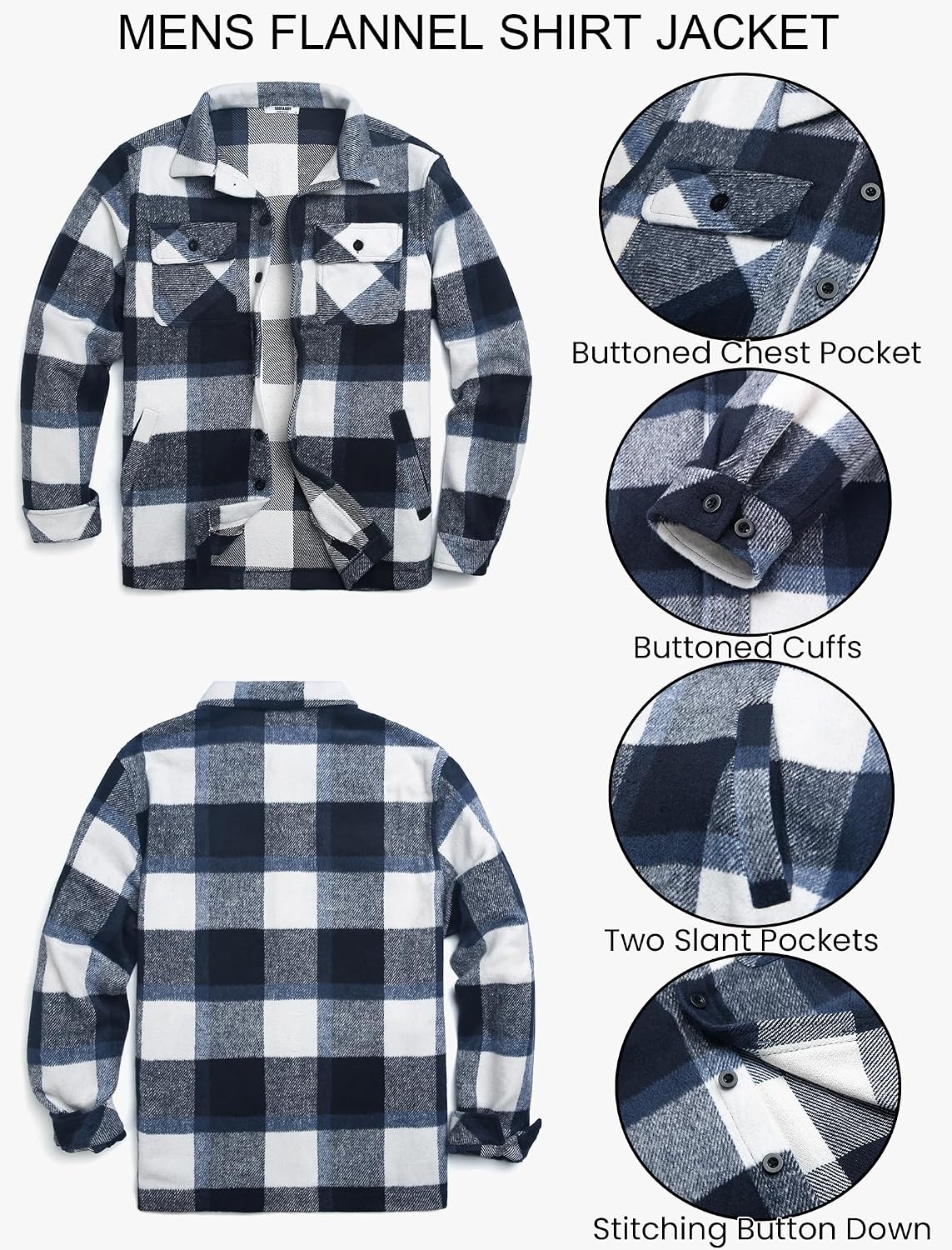 image:imageCOOFANDY Mens Flannel Jacket Fleece Shacket Plaid Shirt Button Down JacketsNavy Block