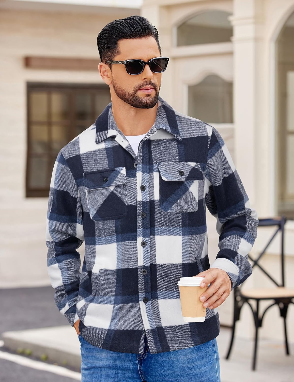 image:imageCOOFANDY Mens Flannel Jacket Fleece Shacket Plaid Shirt Button Down JacketsNavy Block