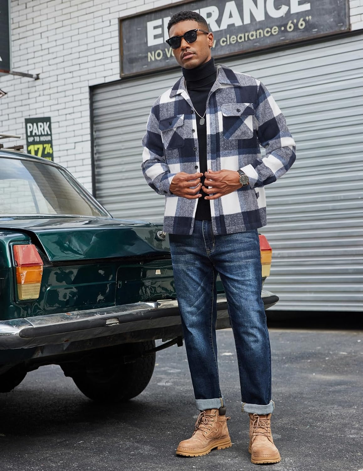 image:imageCOOFANDY Mens Flannel Jacket Fleece Shacket Plaid Shirt Button Down JacketsNavy Block
