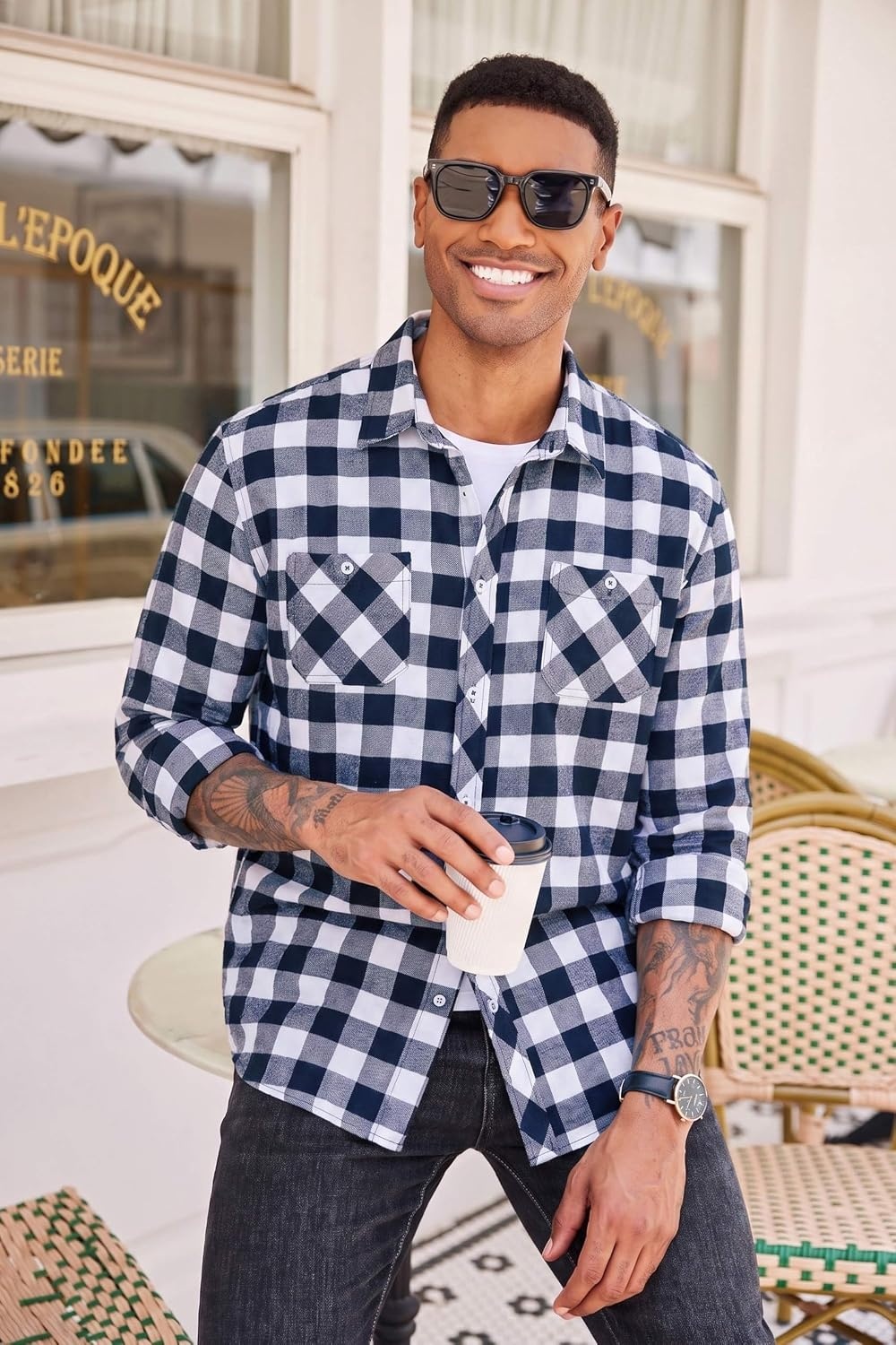 image:imageCOOFANDY Mens Flannel Plaid Shirts Long Sleeve Casual Button Down Shirt with PocketsNavy Blue White
