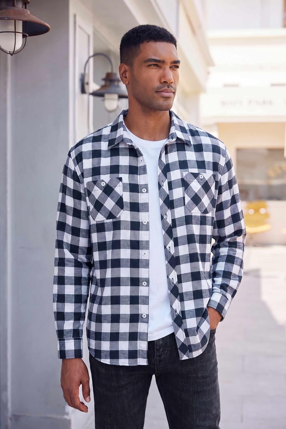 image:imageCOOFANDY Mens Flannel Plaid Shirts Long Sleeve Casual Button Down Shirt with PocketsNavy Blue White