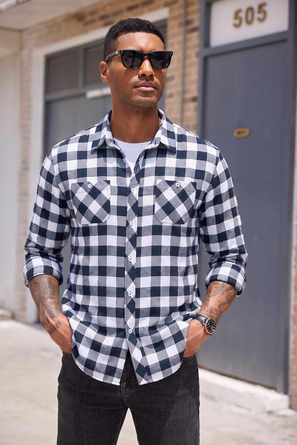 image:imageCOOFANDY Mens Flannel Plaid Shirts Long Sleeve Casual Button Down Shirt with PocketsNavy Blue White