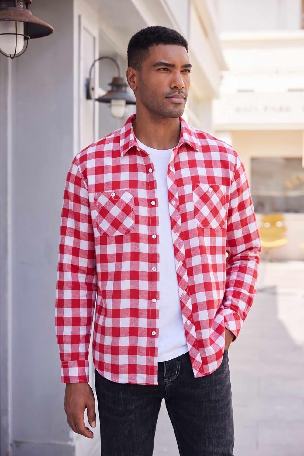 image:imageCOOFANDY Mens Flannel Plaid Shirts Long Sleeve Casual Button Down Shirt with PocketsRed White