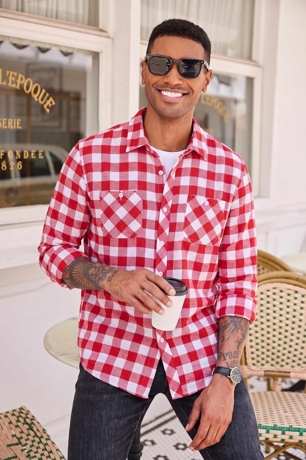 image:imageCOOFANDY Mens Flannel Plaid Shirts Long Sleeve Casual Button Down Shirt with PocketsRed White