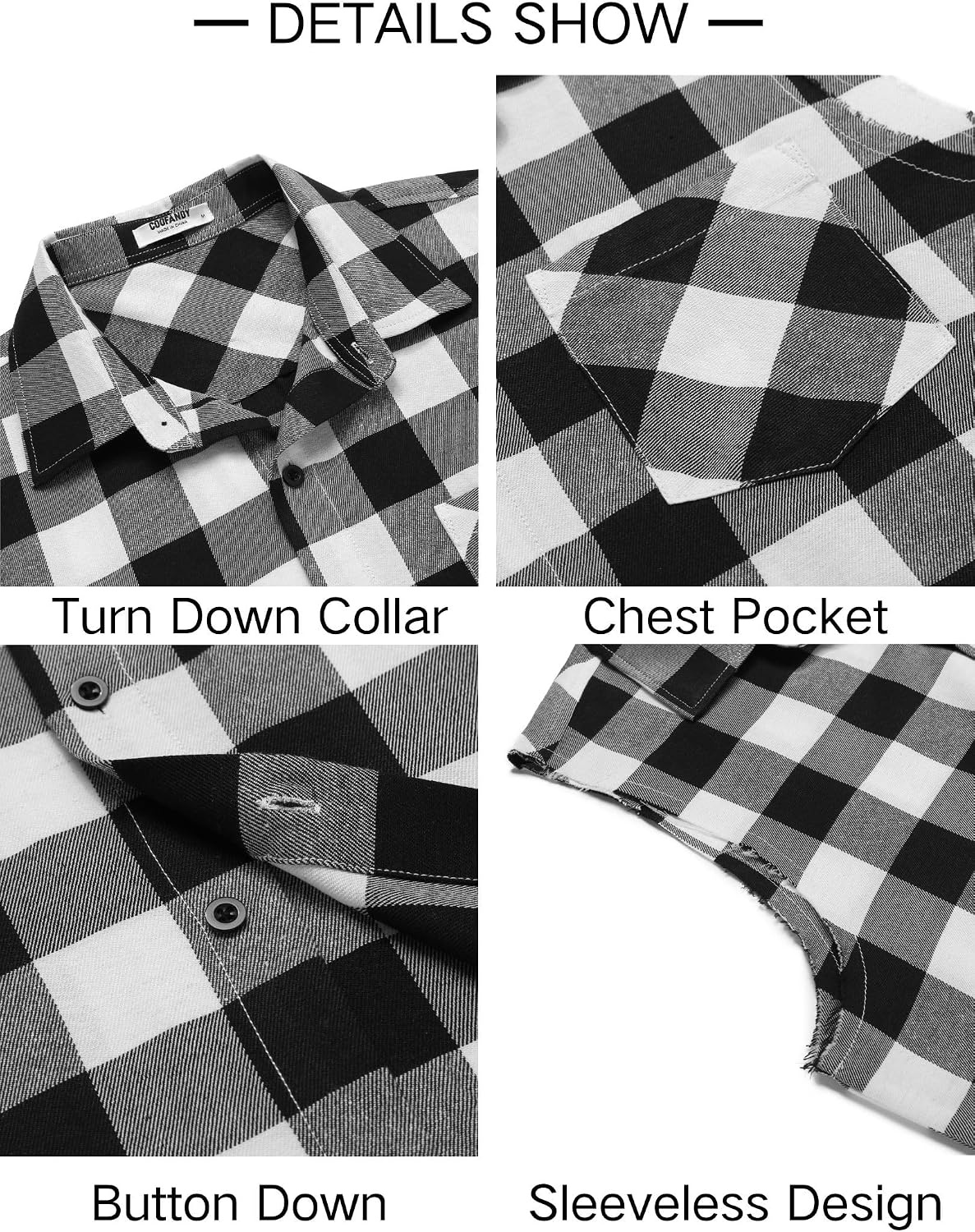 image:imageCOOFANDY Mens Lightweight Sleeveless Flannel Shirt Button Up Plaid ShirtsBlack